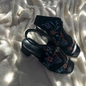 SHEIN Black Slingback Heels with Multicolor Floral Embroidery